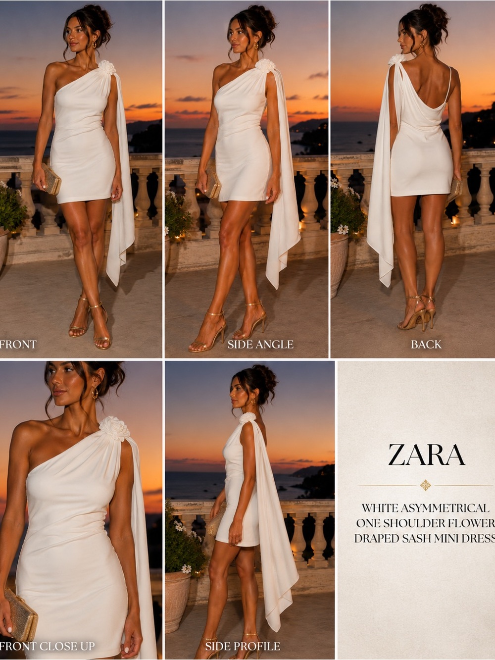 Zara White asymmetrical one shoulder flower draped sash mini dress NWOT